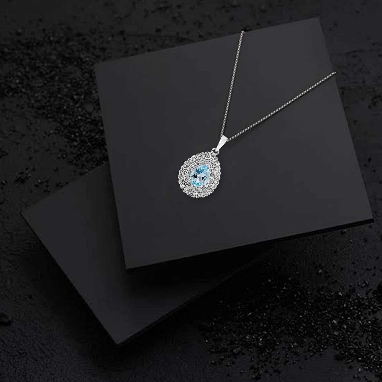 925 Sterling Silver December Birthstone Genuine Sky Blue Topaz and White Topaz Halo or Double Halo Pendant Necklace, 18"