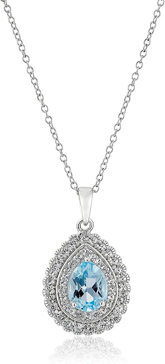 925 Sterling Silver December Birthstone Genuine Sky Blue Topaz and White Topaz Halo or Double Halo Pendant Necklace, 18" Double Halo Teardrop