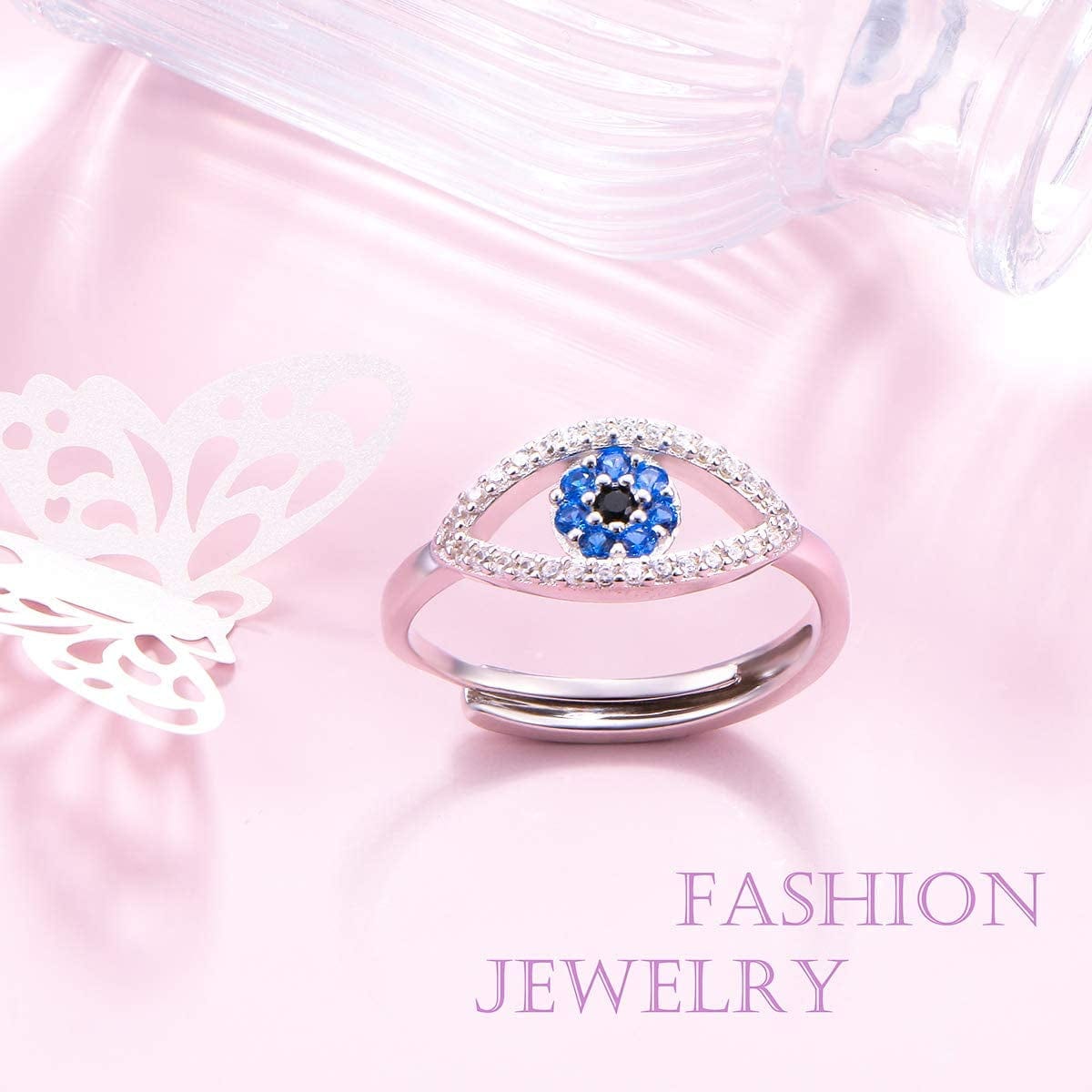 925 Sterling Silver Evil Eye Ring for Women Blue & Black CZ High Polish Eye Rings Good Luck Jewelry Adjustable Size 7-9