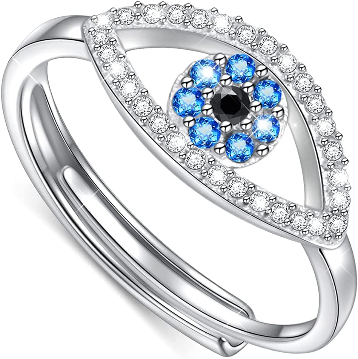 925 Sterling Silver Evil Eye Ring for Women Blue & Black CZ High Polish Eye Rings Good Luck Jewelry Adjustable Size 7-9 7