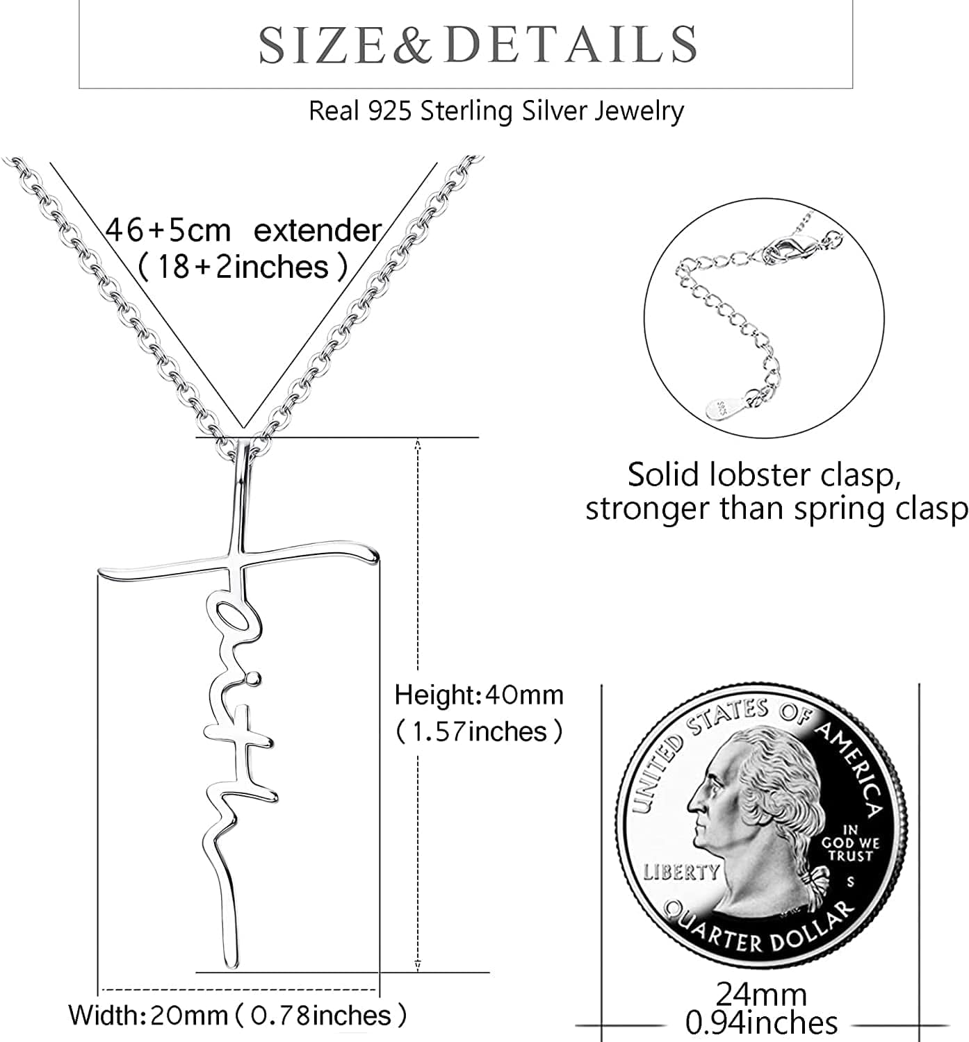 925 Sterling Silver Faith Cross Pendant Necklaces for Women 18K White Gold Plated Faith Cross Necklace Sideways Cross Pendant Necklaces