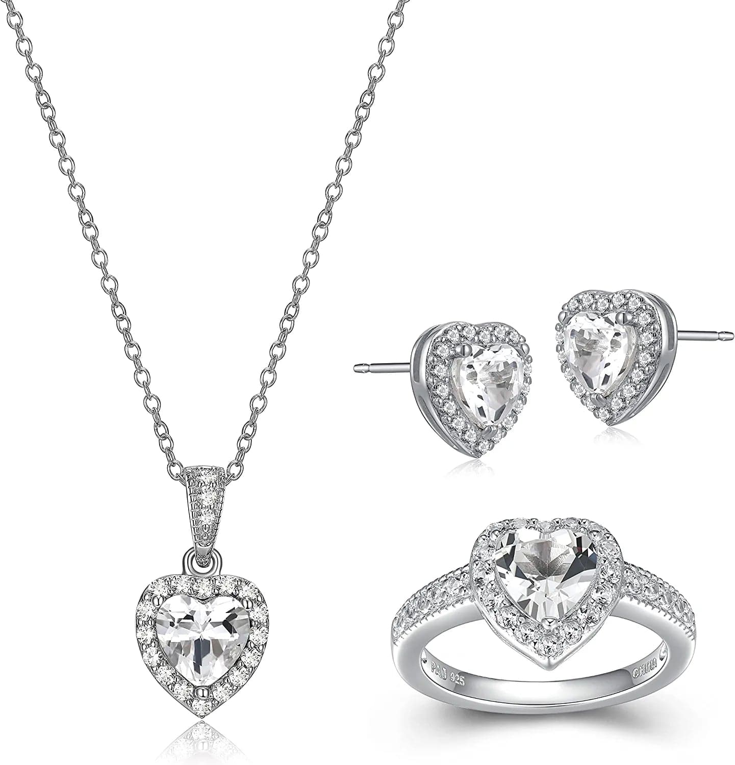 .925 Sterling Silver Gemstone and White Sapphire Halo Heart Pendant Necklace, Stud Earrings, and Size 7 Ring Set - Choice of Birthstone Colors 04 April - White Topaz
