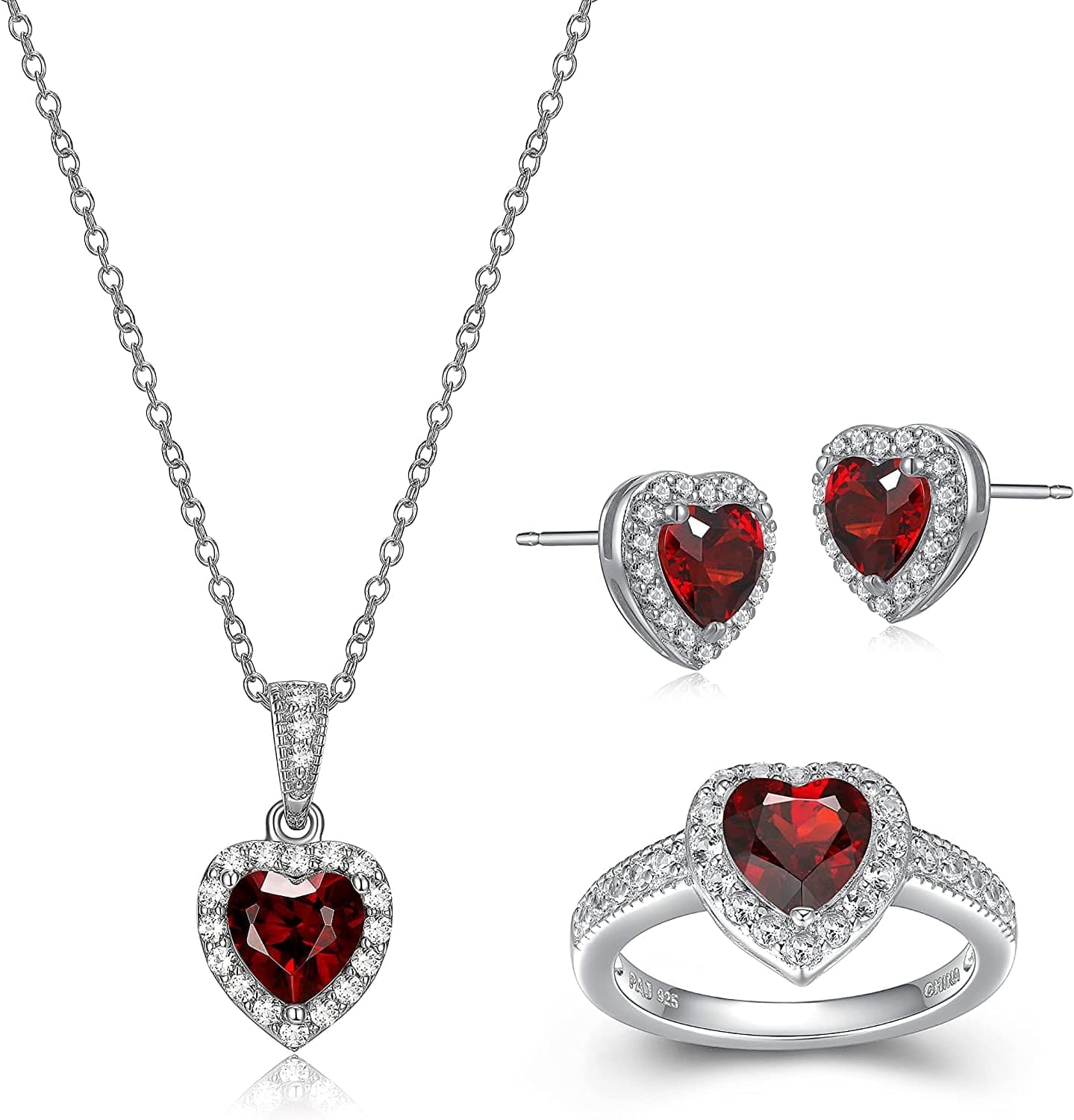 .925 Sterling Silver Gemstone and White Sapphire Halo Heart Pendant Necklace, Stud Earrings, and Size 7 Ring Set - Choice of Birthstone Colors 01 January - Natural Garnet