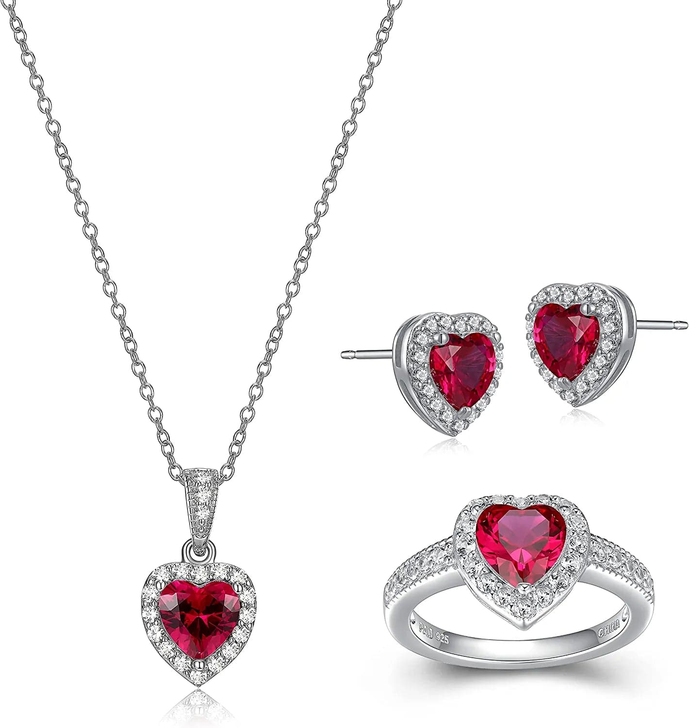 .925 Sterling Silver Gemstone and White Sapphire Halo Heart Pendant Necklace, Stud Earrings, and Size 7 Ring Set - Choice of Birthstone Colors 07 July - Created Ruby