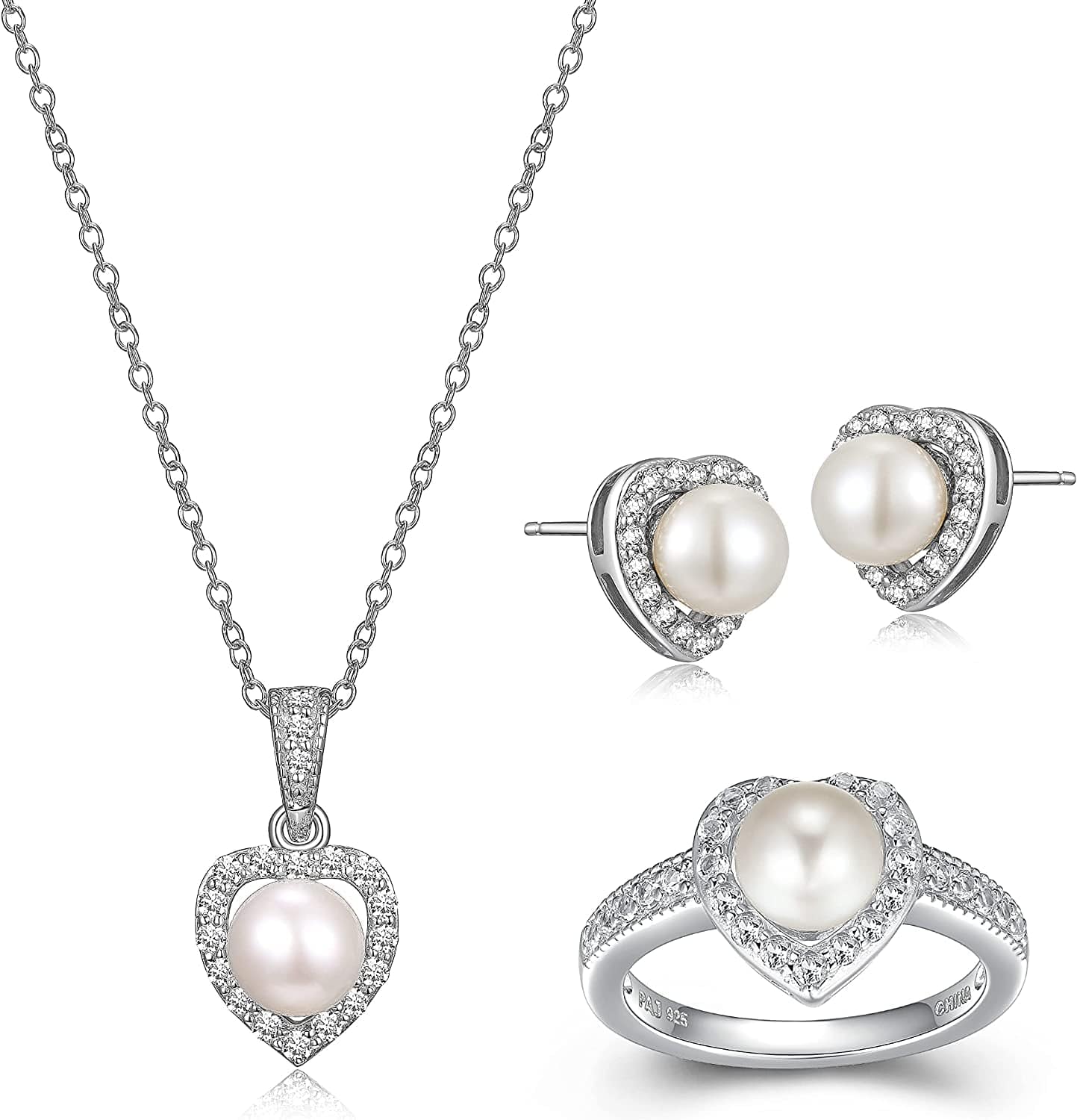 .925 Sterling Silver Gemstone and White Sapphire Halo Heart Pendant Necklace, Stud Earrings, and Size 7 Ring Set - Choice of Birthstone Colors 06 June - Cultured Pearl
