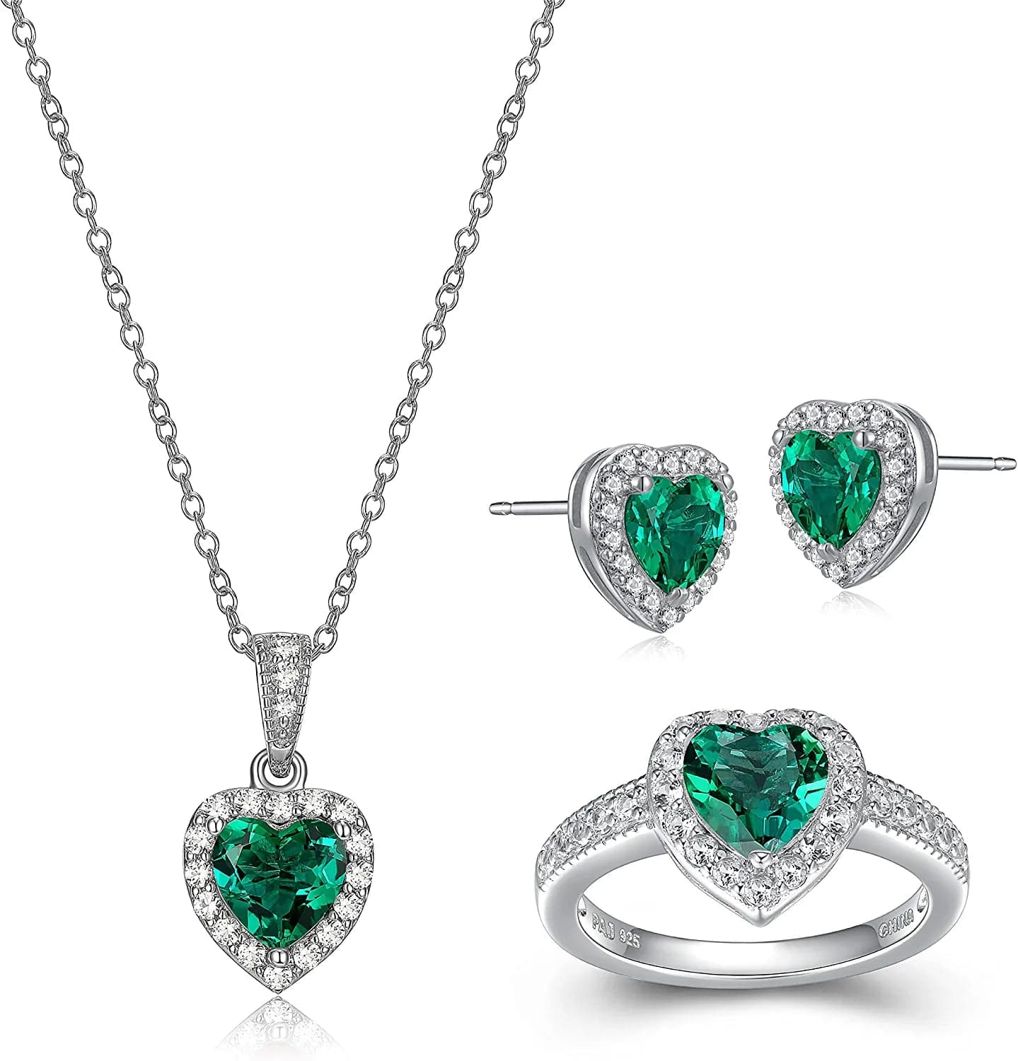 .925 Sterling Silver Gemstone and White Sapphire Halo Heart Pendant Necklace, Stud Earrings, and Size 7 Ring Set - Choice of Birthstone Colors 05 May - Created Emerald