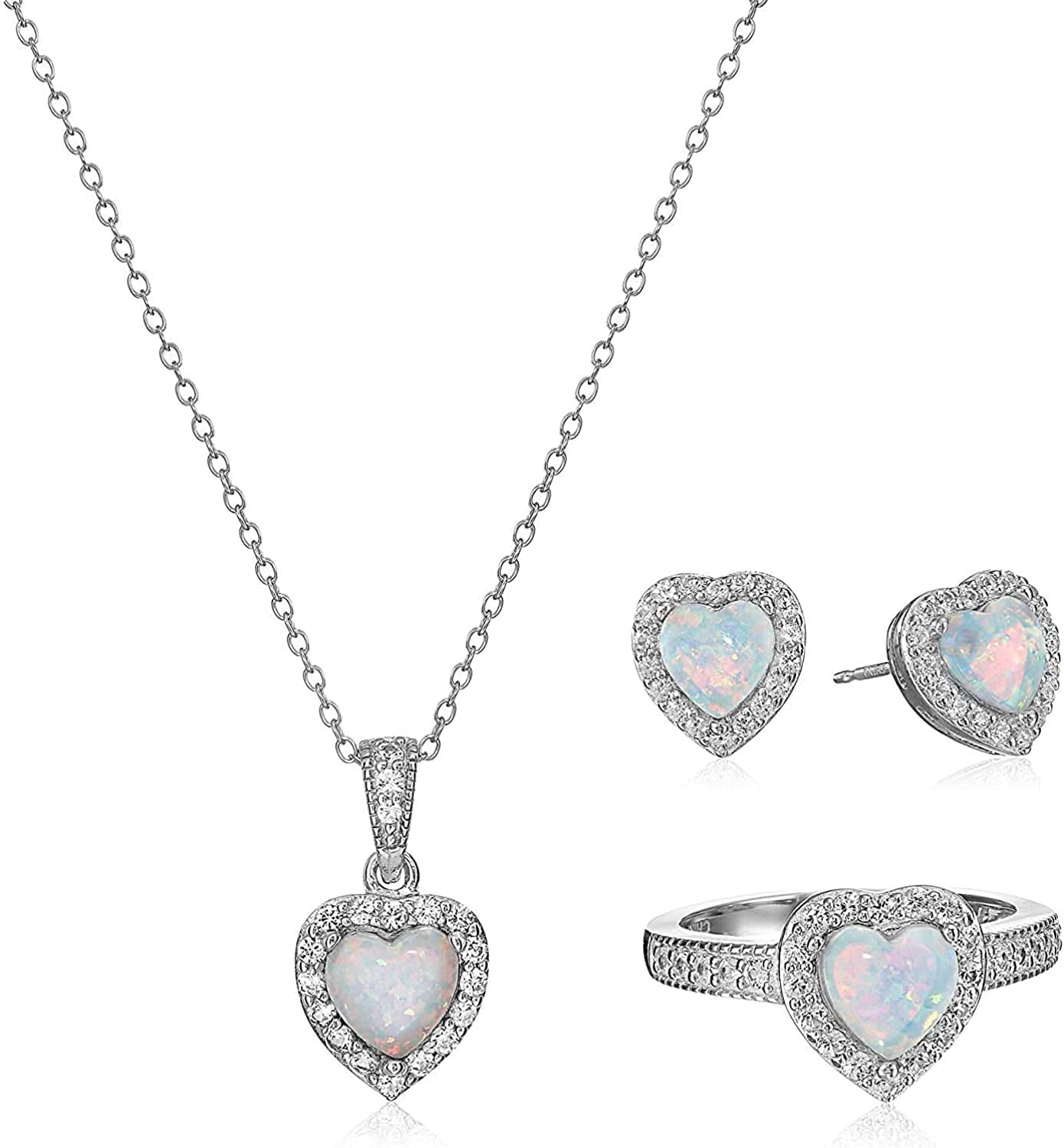 .925 Sterling Silver Gemstone and White Sapphire Halo Heart Pendant Necklace, Stud Earrings, and Size 7 Ring Set - Choice of Birthstone Colors 10 October - Created Opal