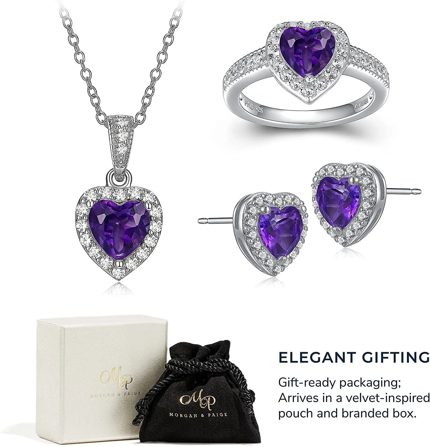 .925 Sterling Silver Gemstone and White Sapphire Halo Heart Pendant Necklace, Stud Earrings, and Size 7 Ring Set - Choice of Birthstone Colors