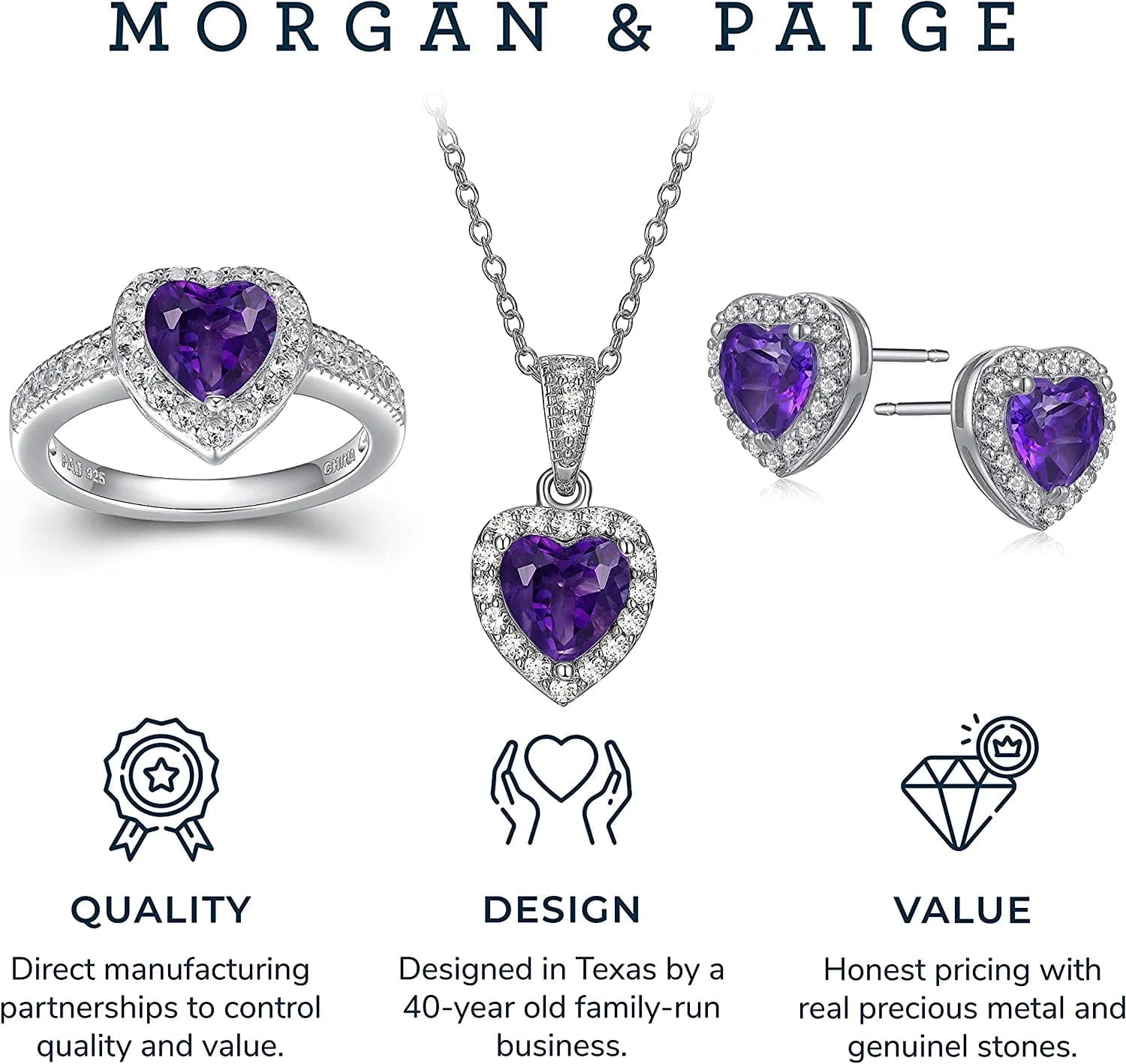 .925 Sterling Silver Gemstone and White Sapphire Halo Heart Pendant Necklace, Stud Earrings, and Size 7 Ring Set - Choice of Birthstone Colors