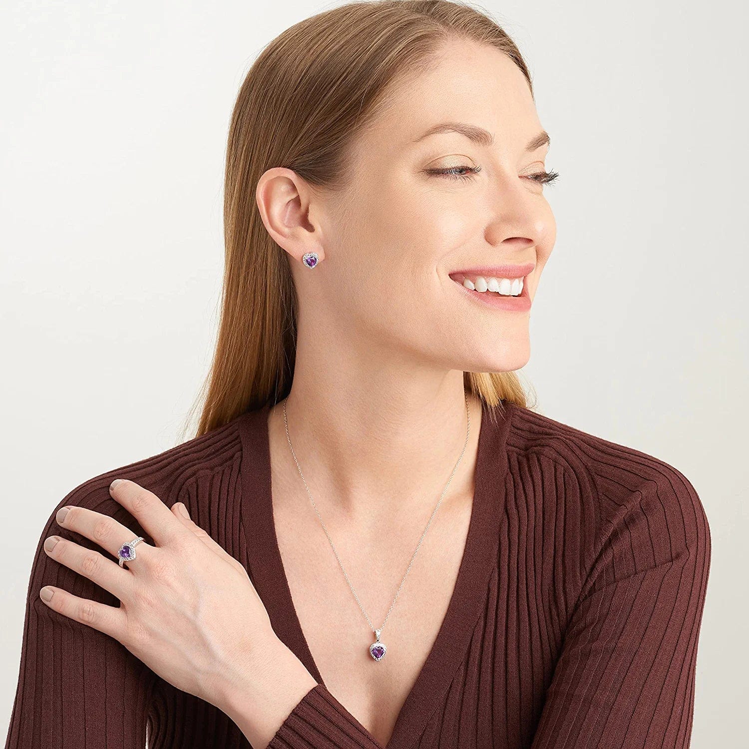 .925 Sterling Silver Gemstone and White Sapphire Halo Heart Pendant Necklace, Stud Earrings, and Size 7 Ring Set - Choice of Birthstone Colors