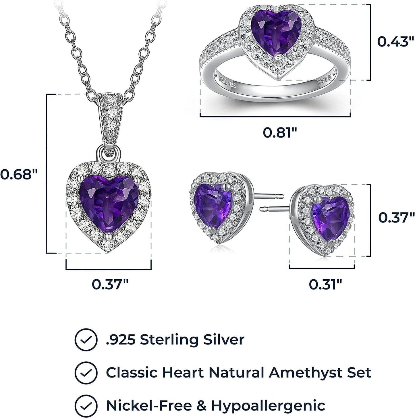 .925 Sterling Silver Gemstone and White Sapphire Halo Heart Pendant Necklace, Stud Earrings, and Size 7 Ring Set - Choice of Birthstone Colors