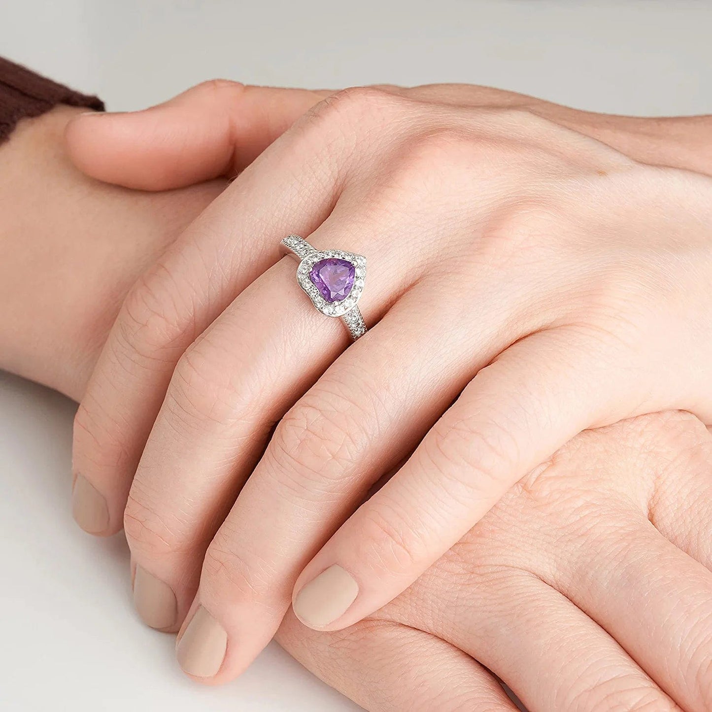 .925 Sterling Silver Gemstone and White Sapphire Halo Heart Pendant Necklace, Stud Earrings, and Size 7 Ring Set - Choice of Birthstone Colors