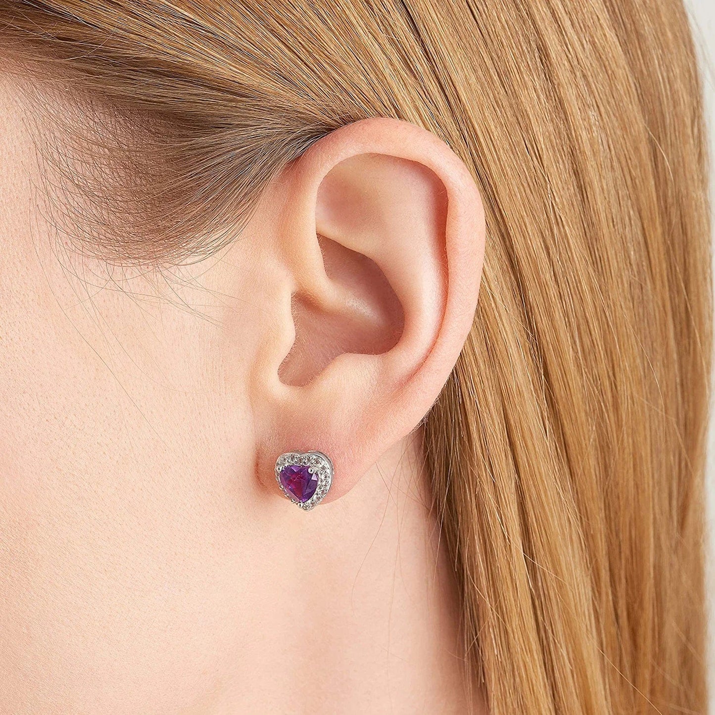 .925 Sterling Silver Gemstone and White Sapphire Halo Heart Pendant Necklace, Stud Earrings, and Size 7 Ring Set - Choice of Birthstone Colors