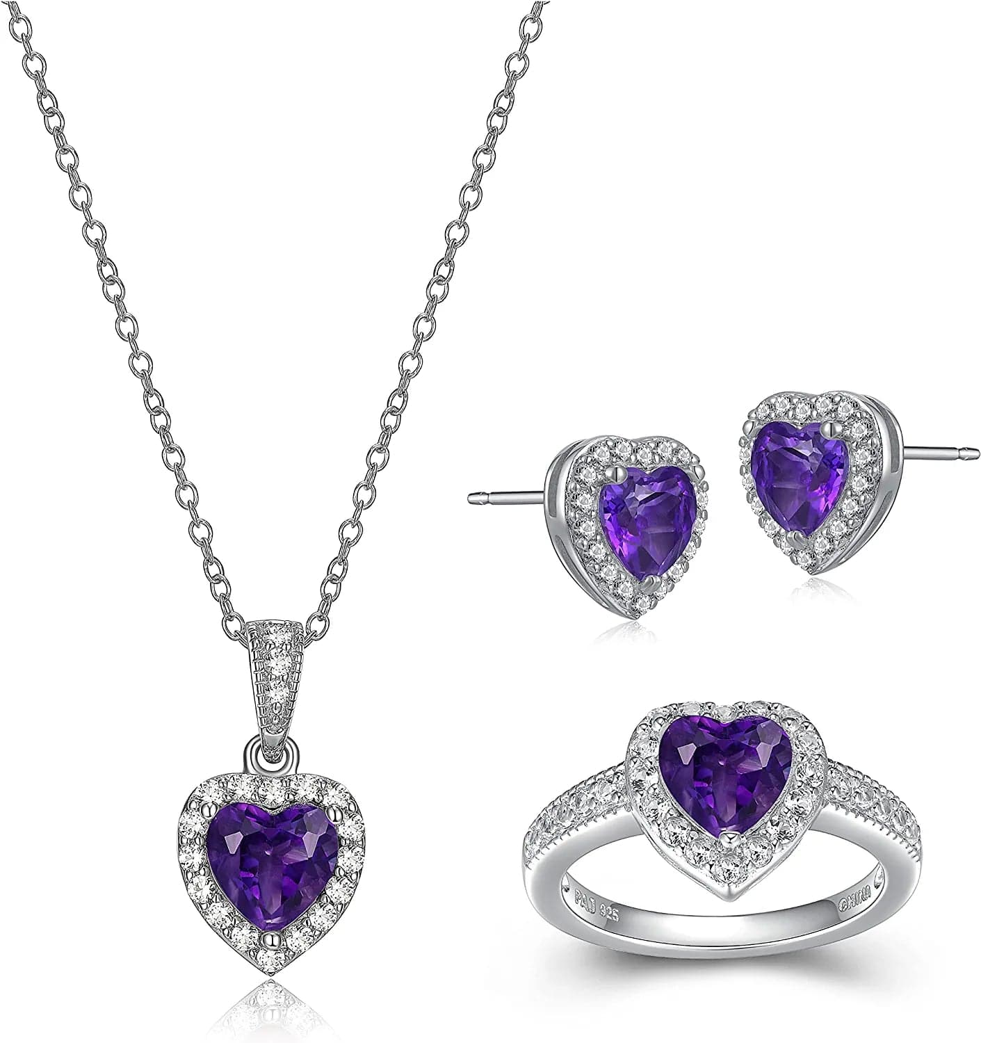 .925 Sterling Silver Gemstone and White Sapphire Halo Heart Pendant Necklace, Stud Earrings, and Size 7 Ring Set - Choice of Birthstone Colors Amethyst/White