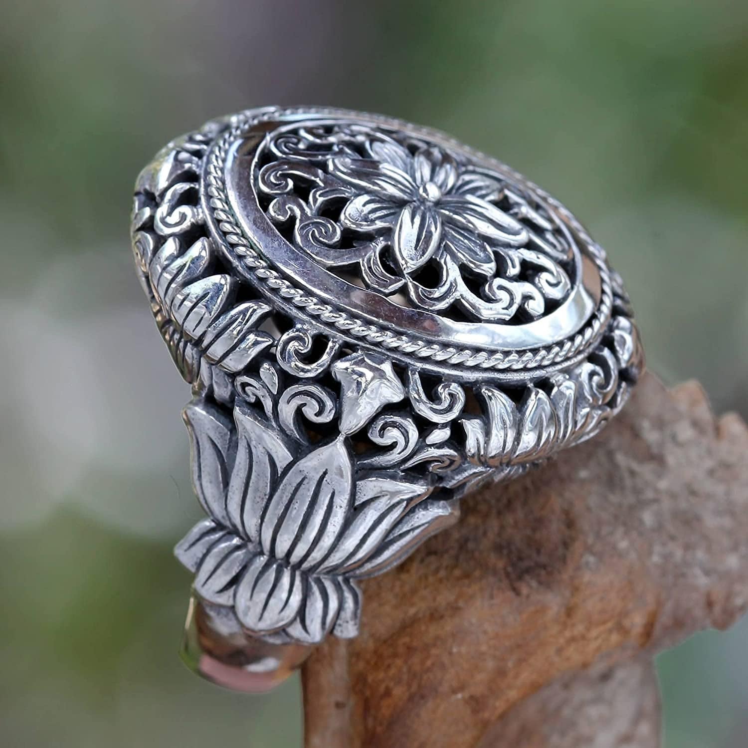 .925 Sterling Silver Hand Made Floral Cocktail Ring, 'Precious Lotus'