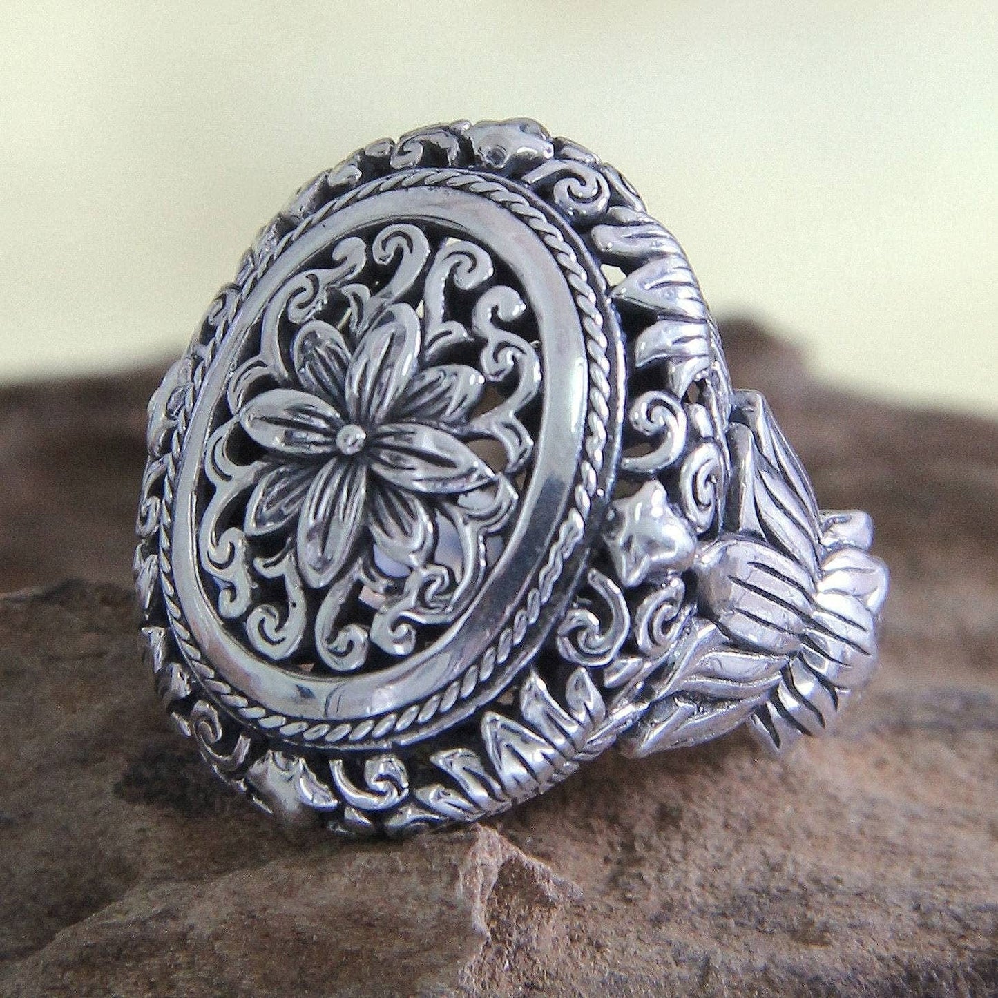 .925 Sterling Silver Hand Made Floral Cocktail Ring, 'Precious Lotus'
