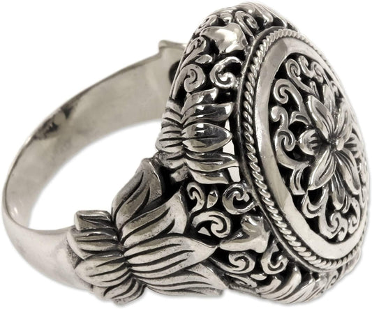 .925 Sterling Silver Hand Made Floral Cocktail Ring, 'Precious Lotus' 9