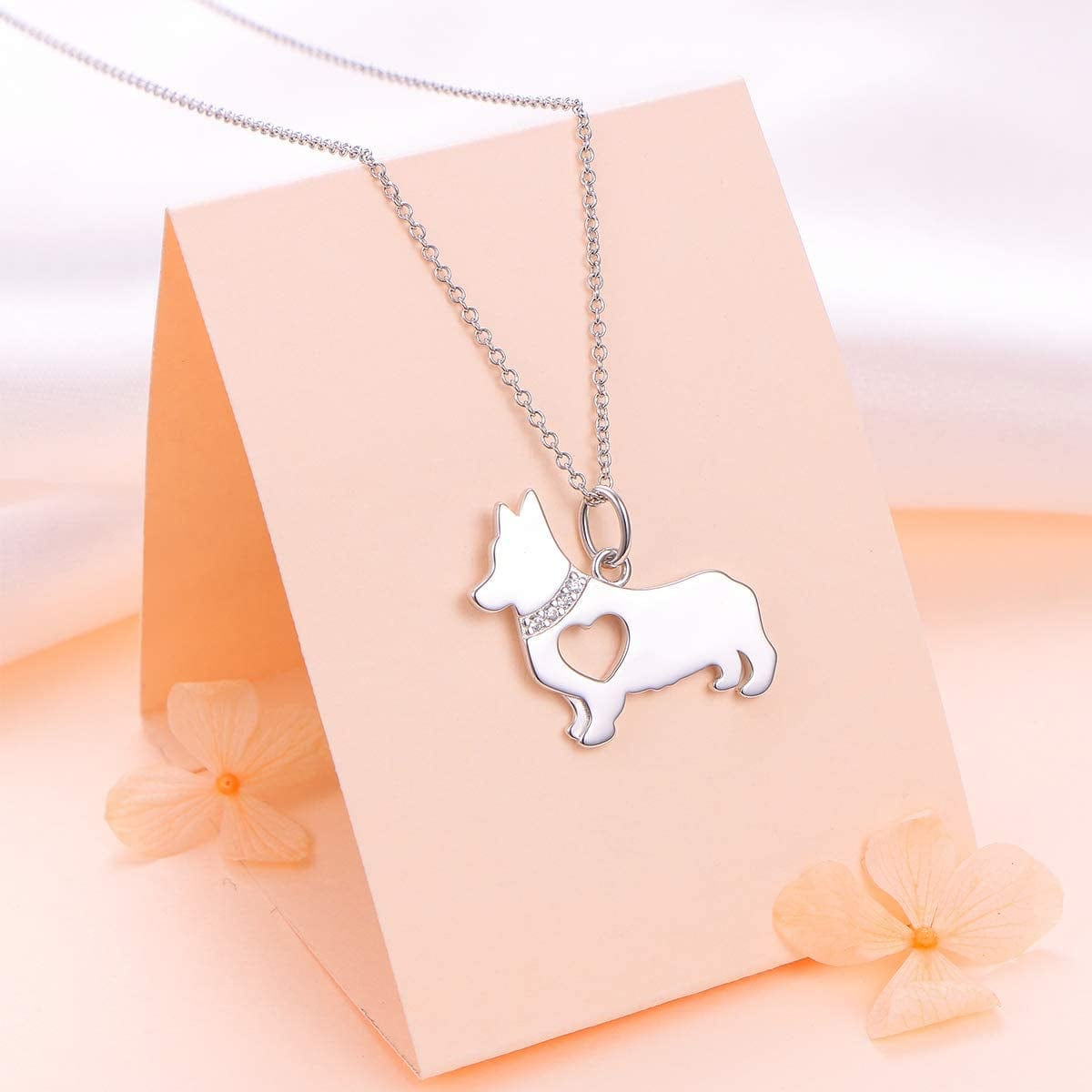 925 Sterling Silver Hollow Heart Corgi Dog Pendant Necklace Jewelry for Women Teen Girls Birthday Gift, 18" Corgi Necklace