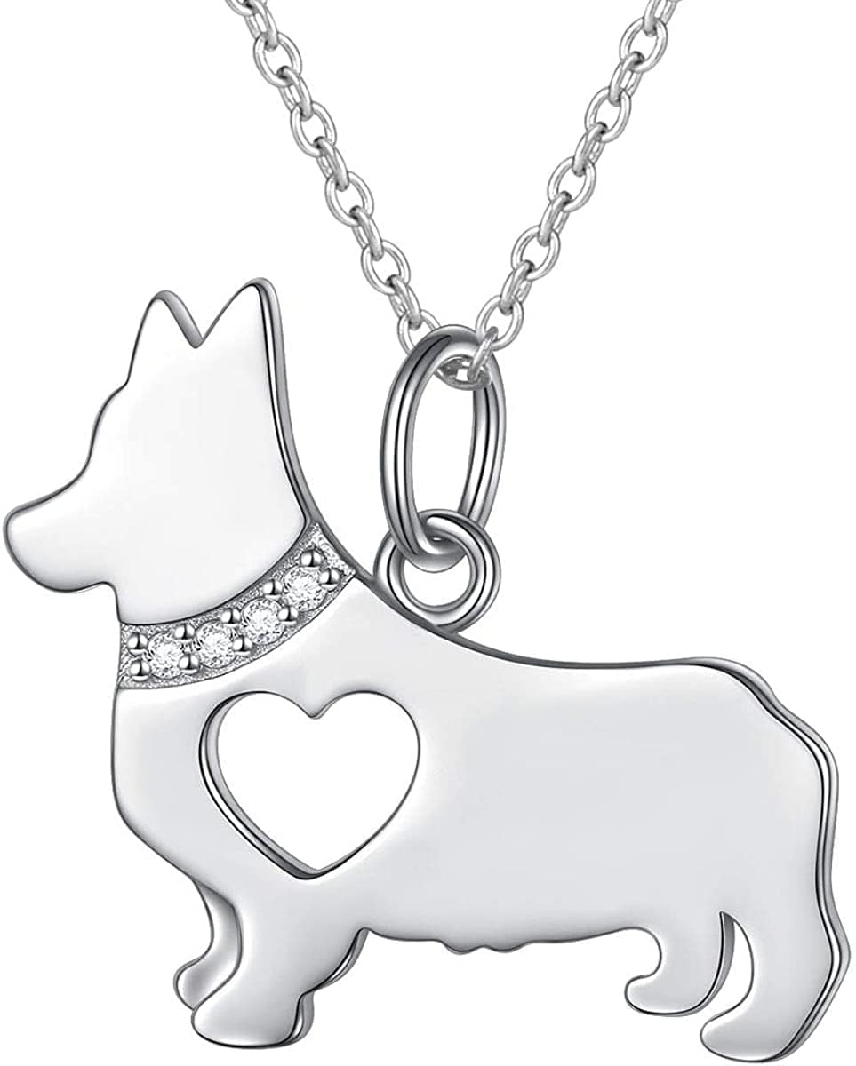 925 Sterling Silver Hollow Heart Corgi Dog Pendant Necklace Jewelry for Women Teen Girls Birthday Gift, 18" Corgi Necklace