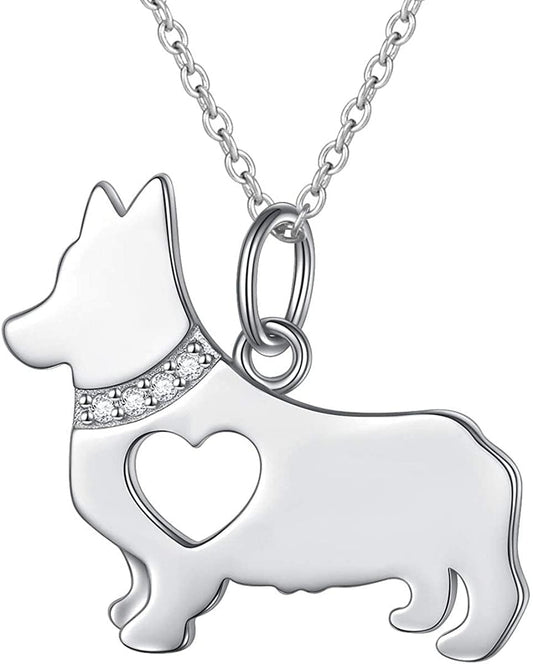 925 Sterling Silver Hollow Heart Corgi Dog Pendant Necklace Jewelry for Women Teen Girls Birthday Gift, 18" Corgi Necklace