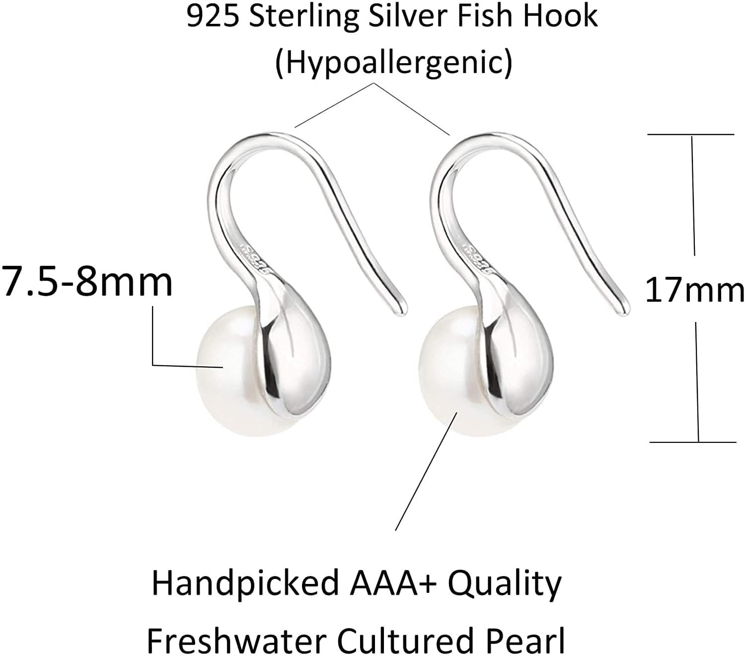 925 Sterling Silver Hoop Handpicked AAA+ Quality 7.5-8Mm White Freshwater Cultured Pearl Dangle Drop Earrings Jewelry for Women Girls Apparel & Accessories > Jewelry > Earrings PEARLADA