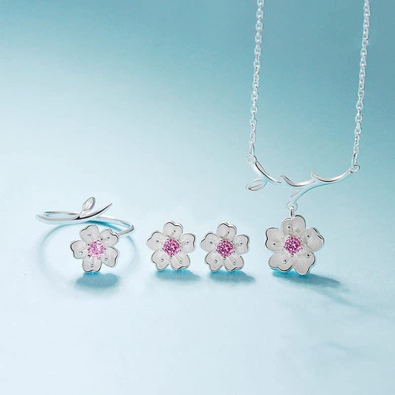 925 Sterling Silver Jewelry Sets Romantic Cherry Blossoms Flower Necklace+Earrings+Ring+Bracelet for Women Gift Pink Set