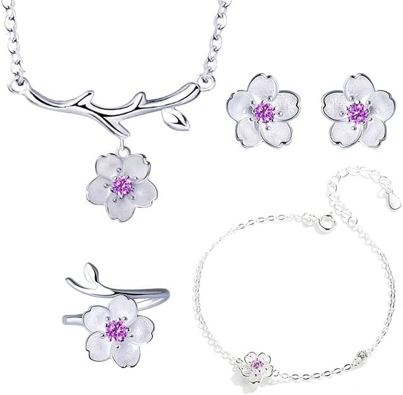 925 Sterling Silver Jewelry Sets Romantic Cherry Blossoms Flower Necklace+Earrings+Ring+Bracelet for Women Gift Pink Set