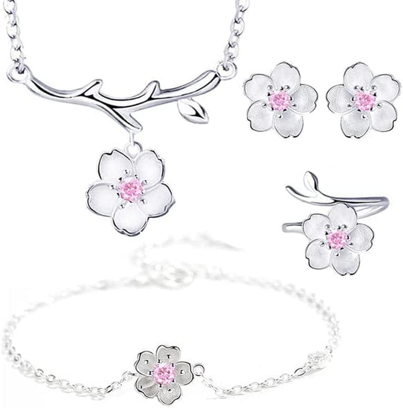 925 Sterling Silver Jewelry Sets Romantic Cherry Blossoms Flower Necklace+Earrings+Ring+Bracelet for Women Gift Pink Set Pink 4pcs Set