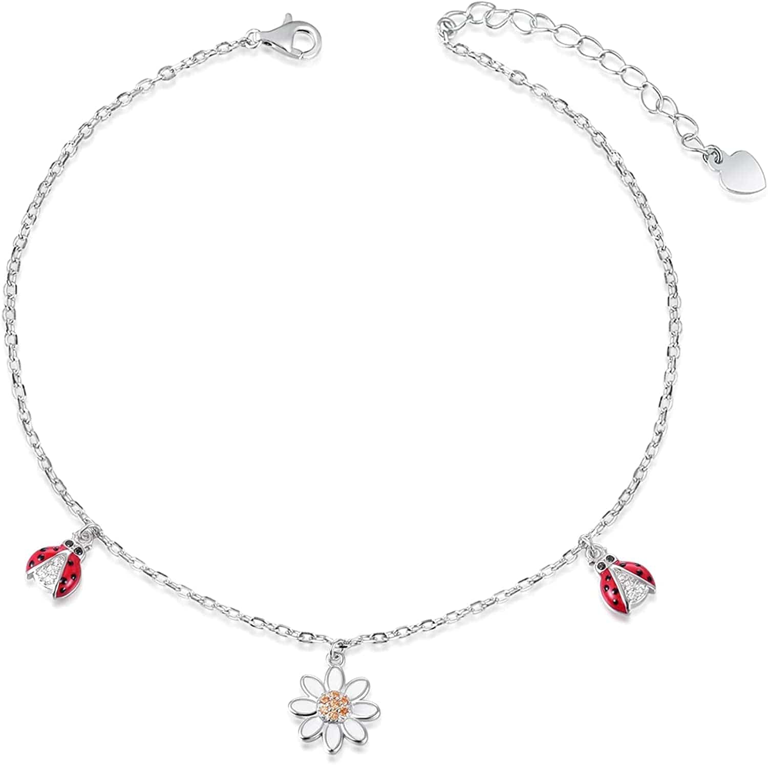 925 Sterling Silver Ladybug Daisy Leaves Necklace Earrings Rings Pendant Anklet Jewelry Set Apparel & Accessories > Jewelry > Anklets oGoodsunj Ladybug Daisy Anklet