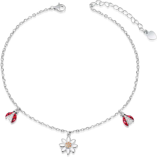925 Sterling Silver Ladybug Daisy Leaves Necklace Earrings Rings Pendant Anklet Jewelry Set Apparel & Accessories > Jewelry > Anklets oGoodsunj Ladybug Daisy Anklet