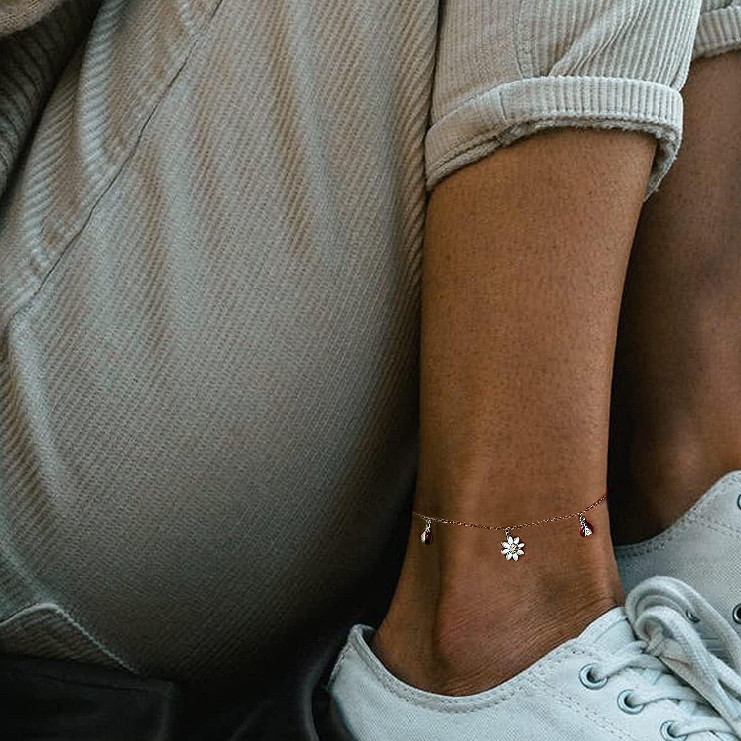 925 Sterling Silver Ladybug Daisy Leaves Necklace Earrings Rings Pendant Anklet Jewelry Set Apparel & Accessories > Jewelry > Anklets oGoodsunj