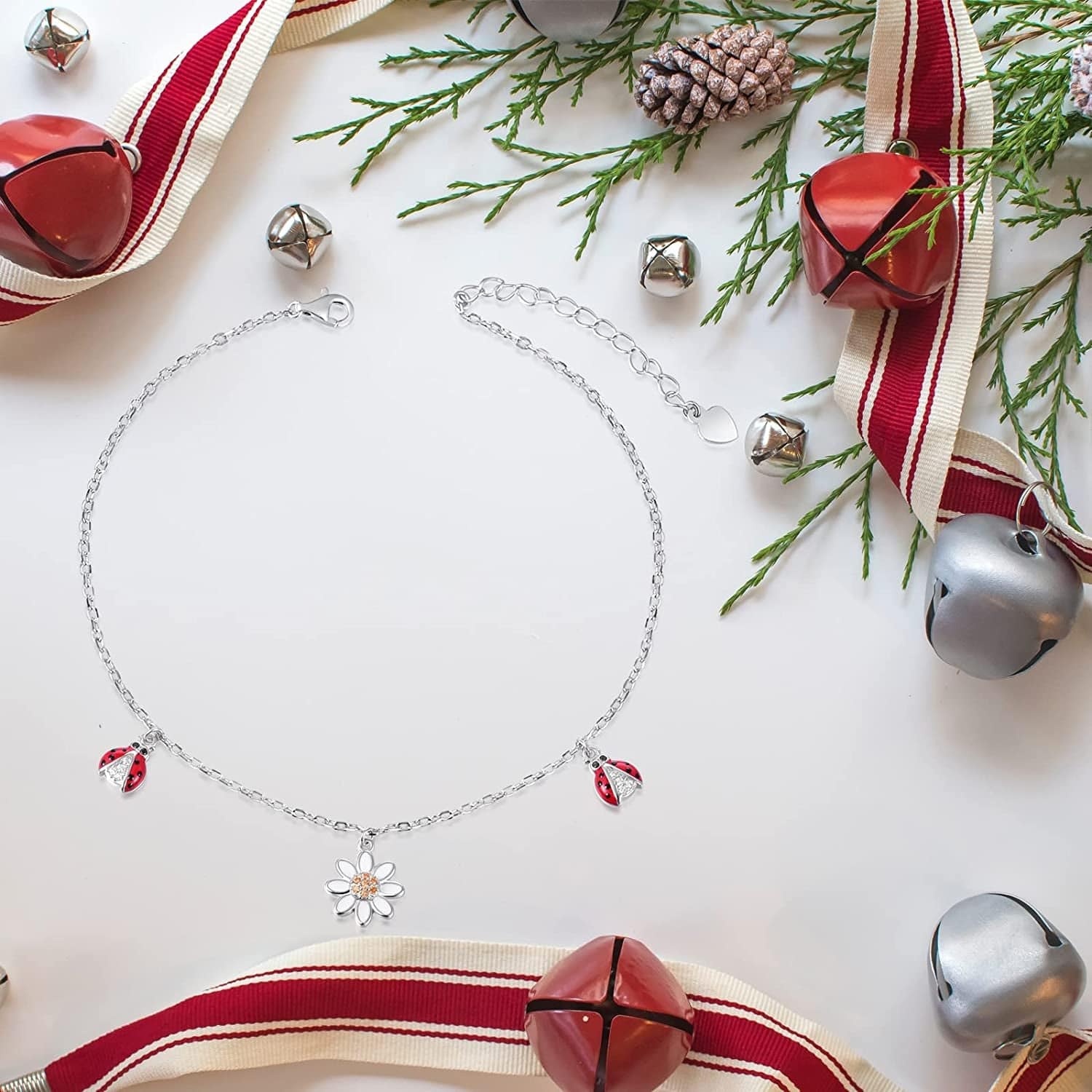 925 Sterling Silver Ladybug Daisy Leaves Necklace Earrings Rings Pendant Anklet Jewelry Set Apparel & Accessories > Jewelry > Anklets oGoodsunj