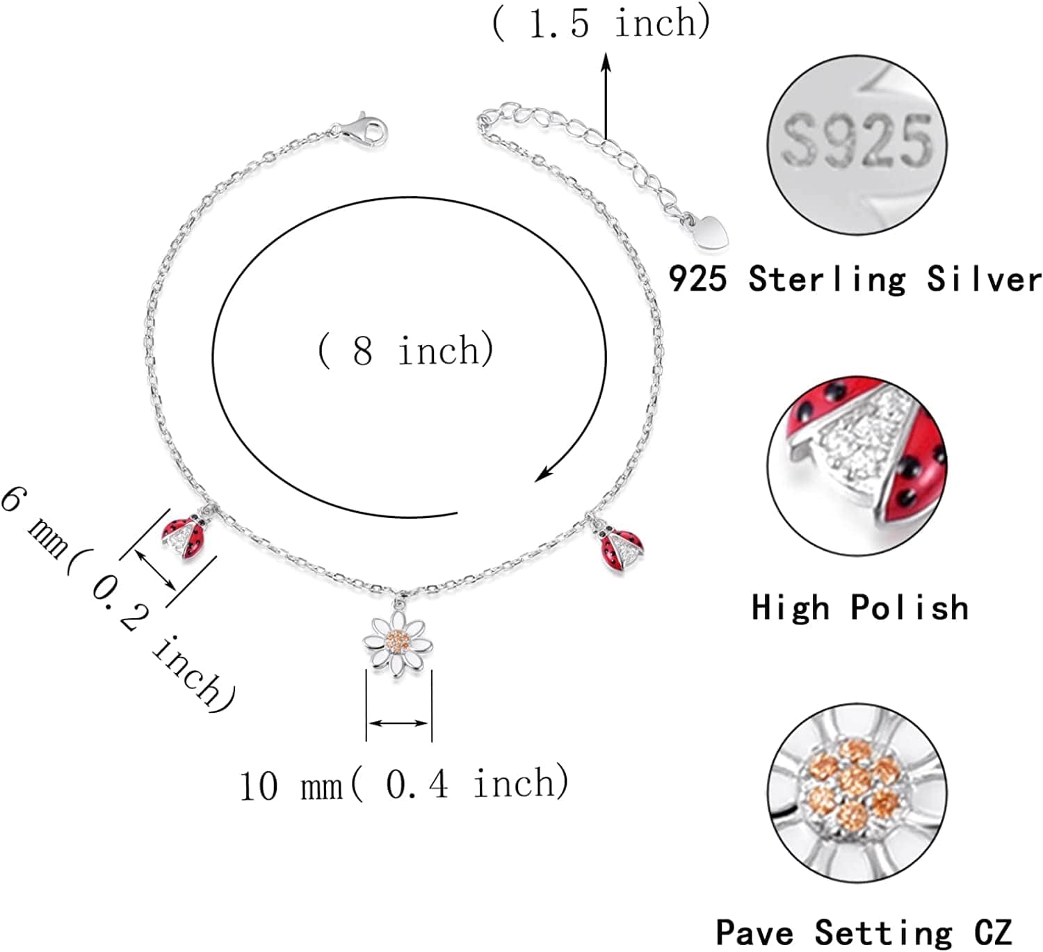 925 Sterling Silver Ladybug Daisy Leaves Necklace Earrings Rings Pendant Anklet Jewelry Set Apparel & Accessories > Jewelry > Anklets oGoodsunj