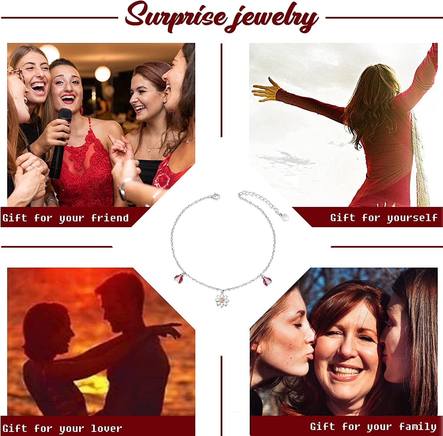 925 Sterling Silver Ladybug Daisy Leaves Necklace Earrings Rings Pendant Anklet Jewelry Set Apparel & Accessories > Jewelry > Anklets oGoodsunj