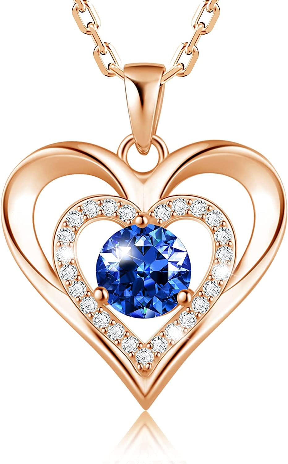 925 Sterling Silver Large Heart Necklace with 5A Birthstone Zirconia 18K Rose Gold Plated Love Birthstone Necklaces Jewelry Valentines Day Mothers Day Birthday Gifts for Mom Her Women Girls Wife Girlfriend, Chain Length 17.7"+2" Extender Rose Gold-09 Sep-Sapphire