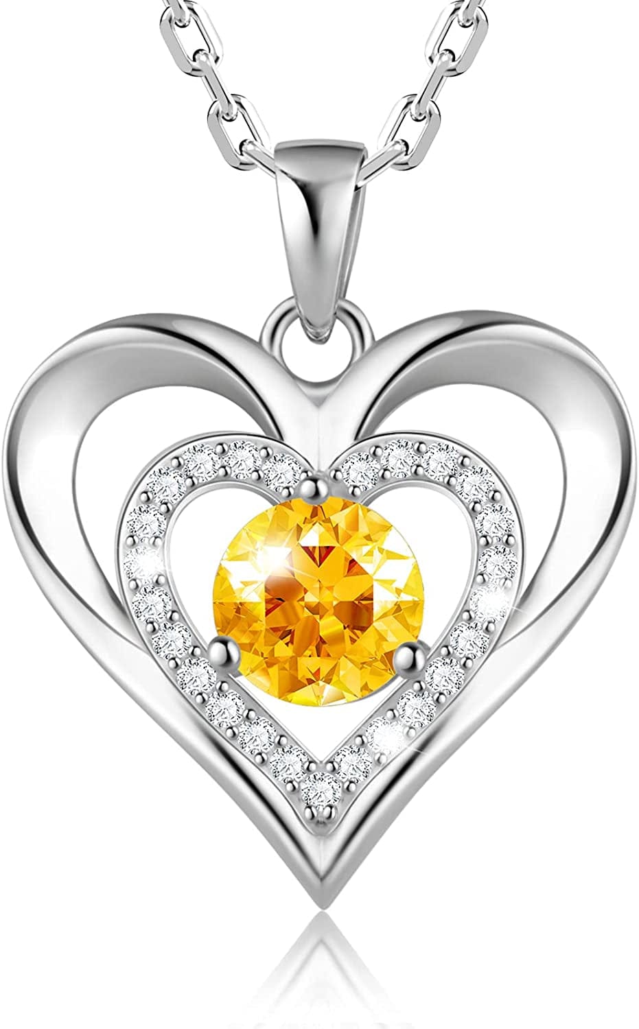 925 Sterling Silver Large Heart Necklace with 5A Birthstone Zirconia 18K Rose Gold Plated Love Birthstone Necklaces Jewelry Valentines Day Mothers Day Birthday Gifts for Mom Her Women Girls Wife Girlfriend, Chain Length 17.7"+2" Extender Silver-11 Nov-Citrine