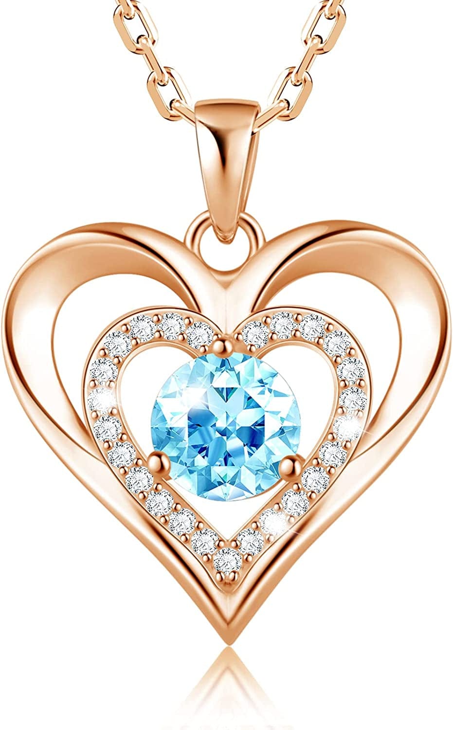 925 Sterling Silver Large Heart Necklace with 5A Birthstone Zirconia 18K Rose Gold Plated Love Birthstone Necklaces Jewelry Valentines Day Mothers Day Birthday Gifts for Mom Her Women Girls Wife Girlfriend, Chain Length 17.7"+2" Extender Rose Gold-03 Mar-Aquamarine