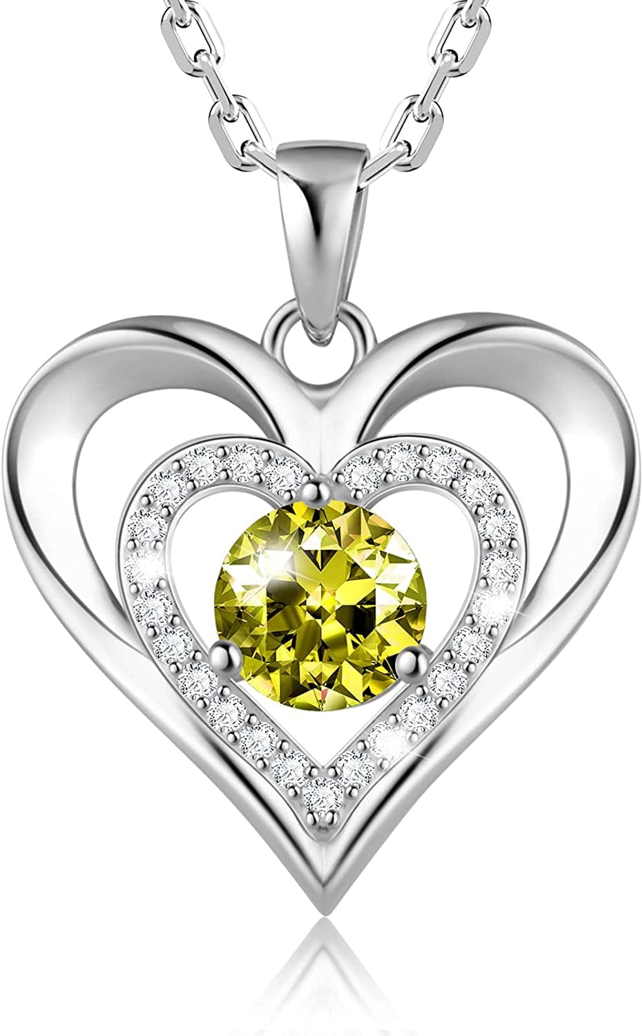 925 Sterling Silver Large Heart Necklace with 5A Birthstone Zirconia 18K Rose Gold Plated Love Birthstone Necklaces Jewelry Valentines Day Mothers Day Birthday Gifts for Mom Her Women Girls Wife Girlfriend, Chain Length 17.7"+2" Extender Silver-08 Aug-Peridot