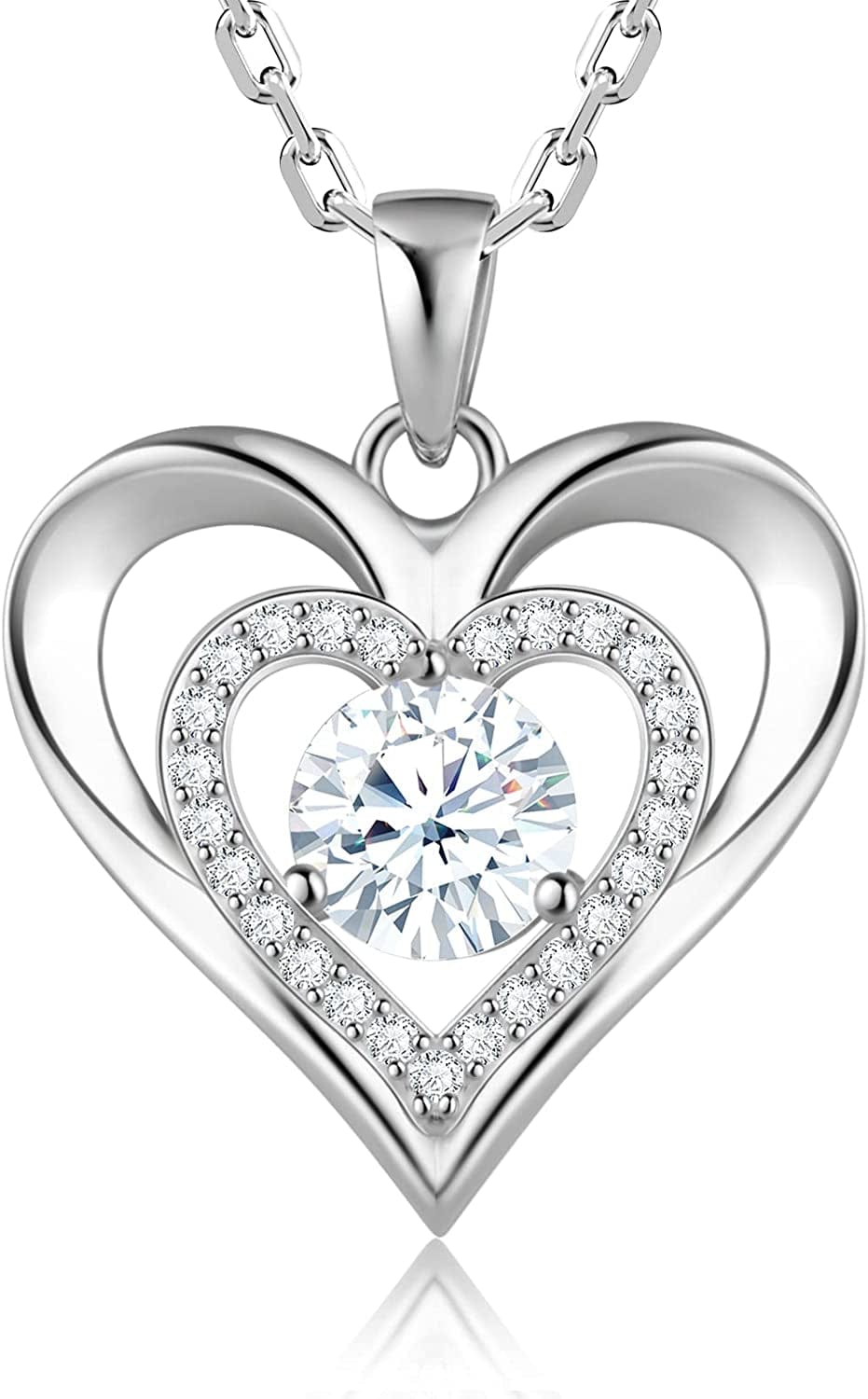 925 Sterling Silver Large Heart Necklace with 5A Birthstone Zirconia 18K Rose Gold Plated Love Birthstone Necklaces Jewelry Valentines Day Mothers Day Birthday Gifts for Mom Her Women Girls Wife Girlfriend, Chain Length 17.7"+2" Extender Silver-04 Apr-Simulated Diamond