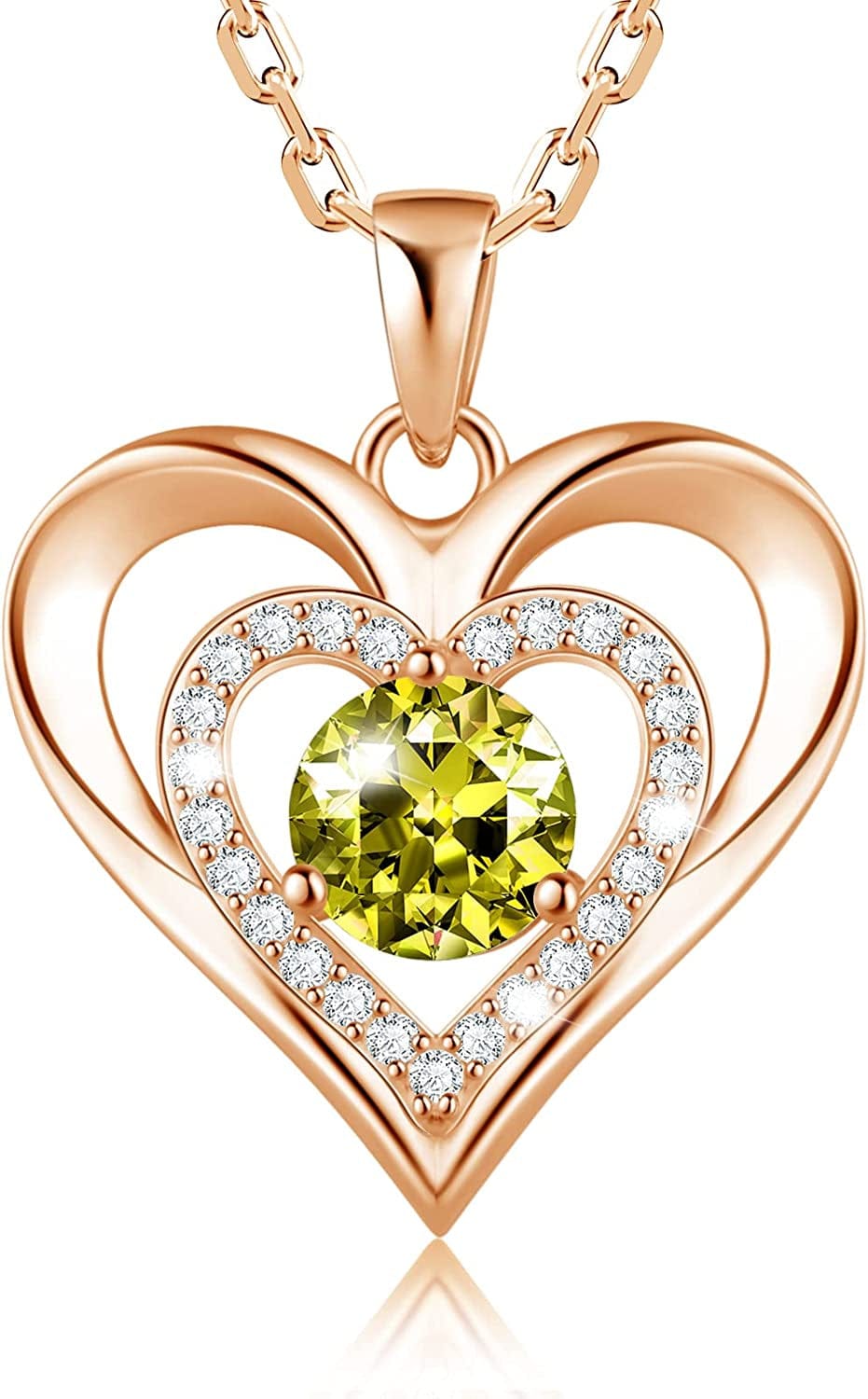 925 Sterling Silver Large Heart Necklace with 5A Birthstone Zirconia 18K Rose Gold Plated Love Birthstone Necklaces Jewelry Valentines Day Mothers Day Birthday Gifts for Mom Her Women Girls Wife Girlfriend, Chain Length 17.7"+2" Extender Rose Gold-08 Aug-Peridot