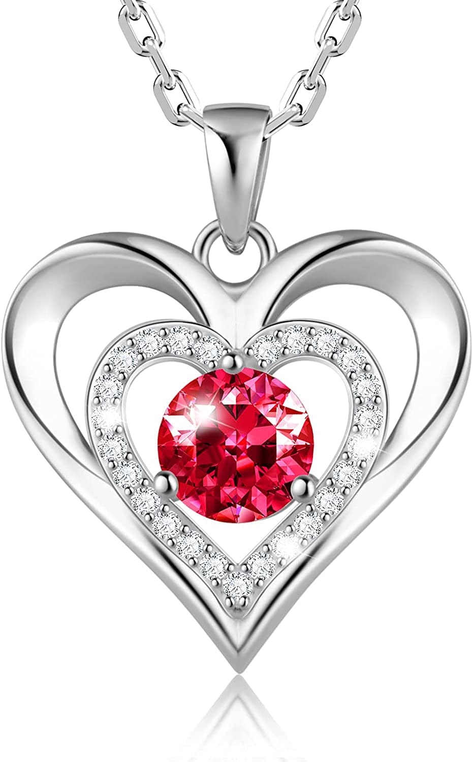 925 Sterling Silver Large Heart Necklace with 5A Birthstone Zirconia 18K Rose Gold Plated Love Birthstone Necklaces Jewelry Valentines Day Mothers Day Birthday Gifts for Mom Her Women Girls Wife Girlfriend, Chain Length 17.7"+2" Extender Silver-07 Jul-Ruby