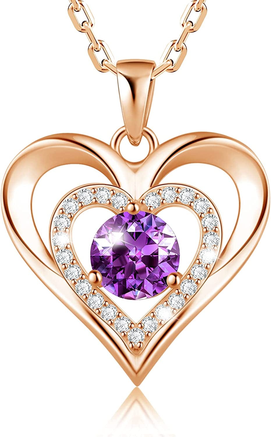 925 Sterling Silver Large Heart Necklace with 5A Birthstone Zirconia 18K Rose Gold Plated Love Birthstone Necklaces Jewelry Valentines Day Mothers Day Birthday Gifts for Mom Her Women Girls Wife Girlfriend, Chain Length 17.7"+2" Extender Rose Gold-02 Feb-Amethyst