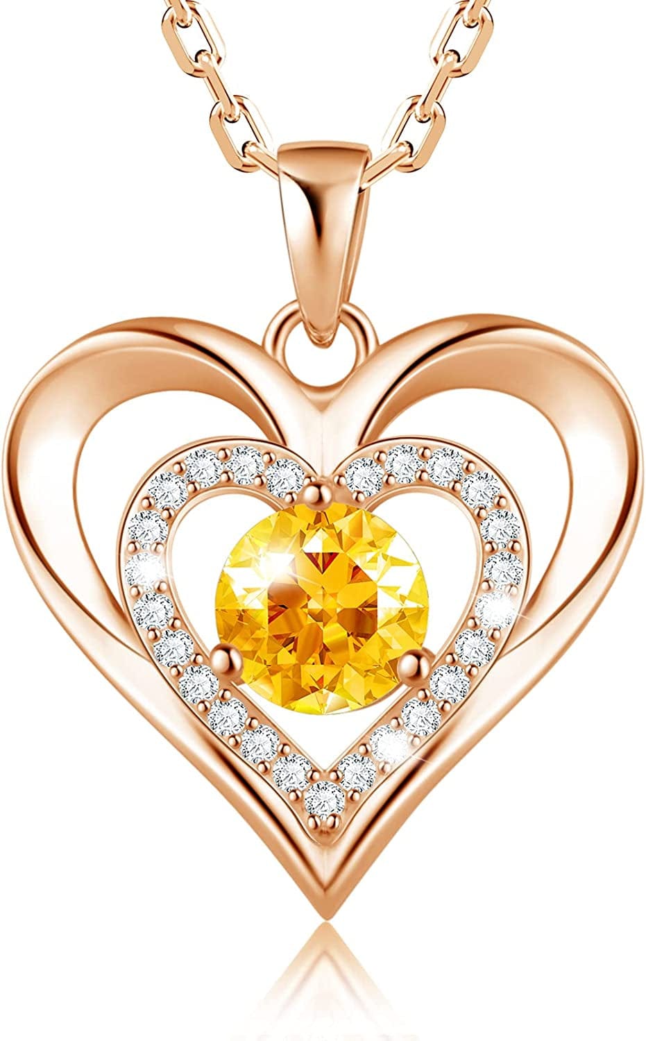 925 Sterling Silver Large Heart Necklace with 5A Birthstone Zirconia 18K Rose Gold Plated Love Birthstone Necklaces Jewelry Valentines Day Mothers Day Birthday Gifts for Mom Her Women Girls Wife Girlfriend, Chain Length 17.7"+2" Extender Rose Gold-11 Nov-Citrine