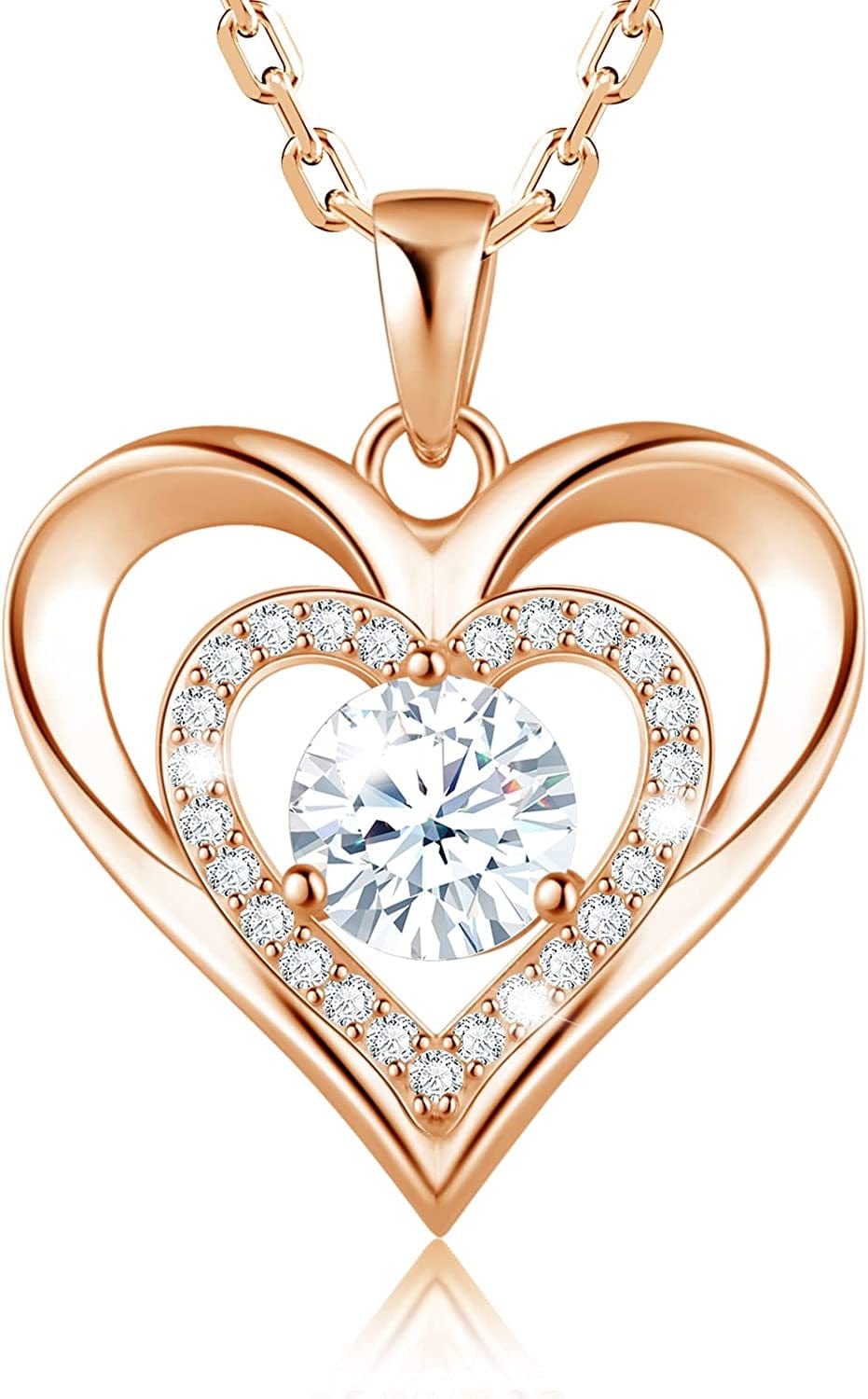925 Sterling Silver Large Heart Necklace with 5A Birthstone Zirconia 18K Rose Gold Plated Love Birthstone Necklaces Jewelry Valentines Day Mothers Day Birthday Gifts for Mom Her Women Girls Wife Girlfriend, Chain Length 17.7"+2" Extender Rose Gold-04 Apr-Simulated Diamond