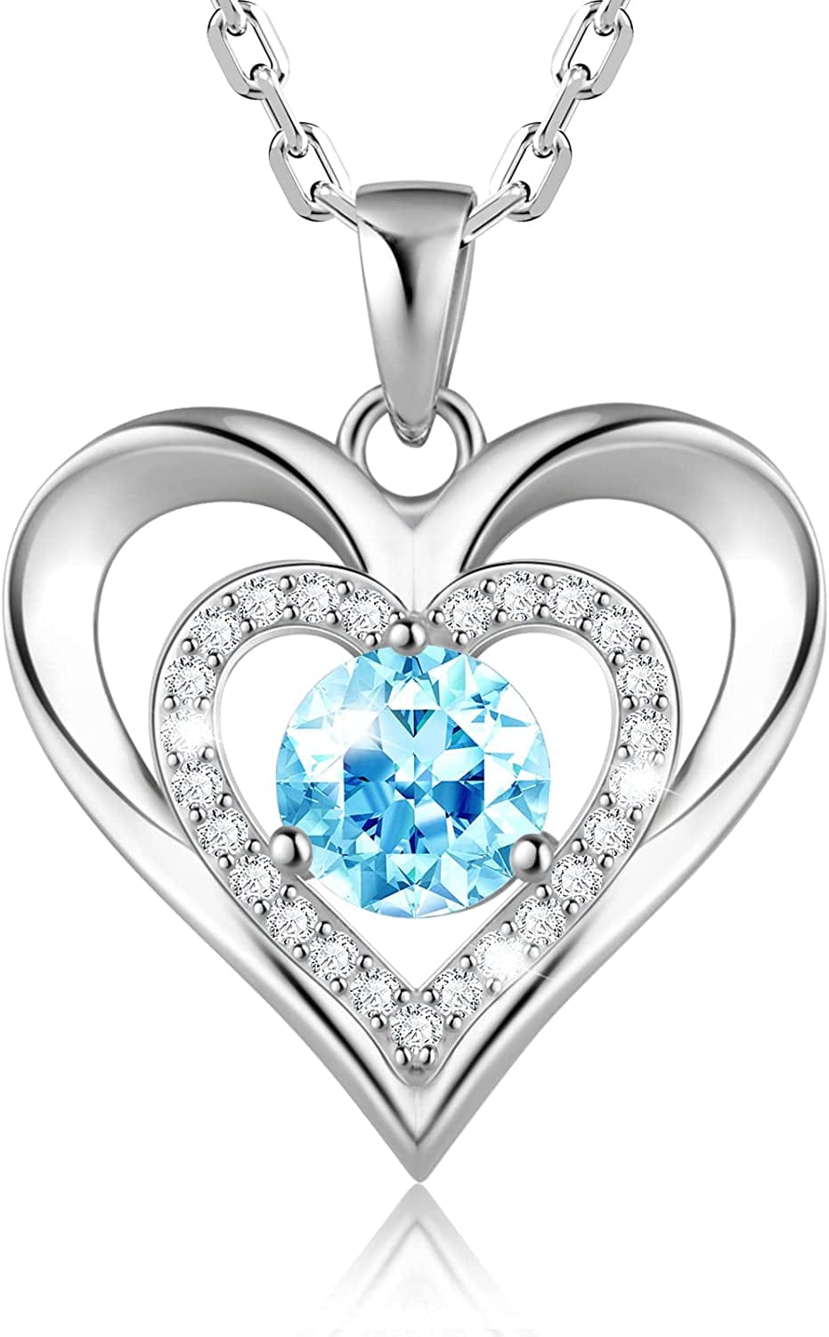 925 Sterling Silver Large Heart Necklace with 5A Birthstone Zirconia 18K Rose Gold Plated Love Birthstone Necklaces Jewelry Valentines Day Mothers Day Birthday Gifts for Mom Her Women Girls Wife Girlfriend, Chain Length 17.7"+2" Extender Silver-03 Mar-Aquamarine