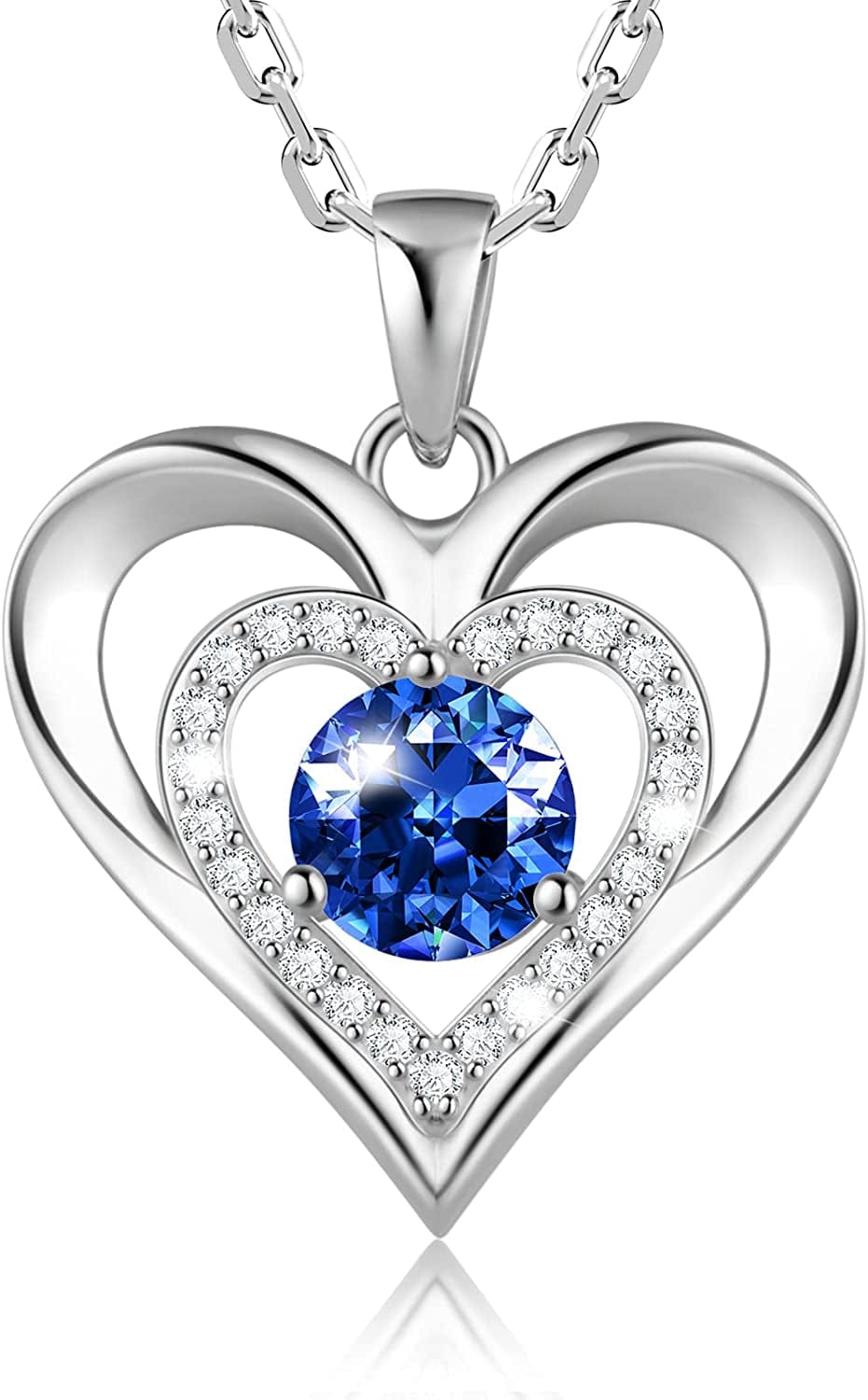 925 Sterling Silver Large Heart Necklace with 5A Birthstone Zirconia 18K Rose Gold Plated Love Birthstone Necklaces Jewelry Valentines Day Mothers Day Birthday Gifts for Mom Her Women Girls Wife Girlfriend, Chain Length 17.7"+2" Extender Silver-09 Sep-Sapphire
