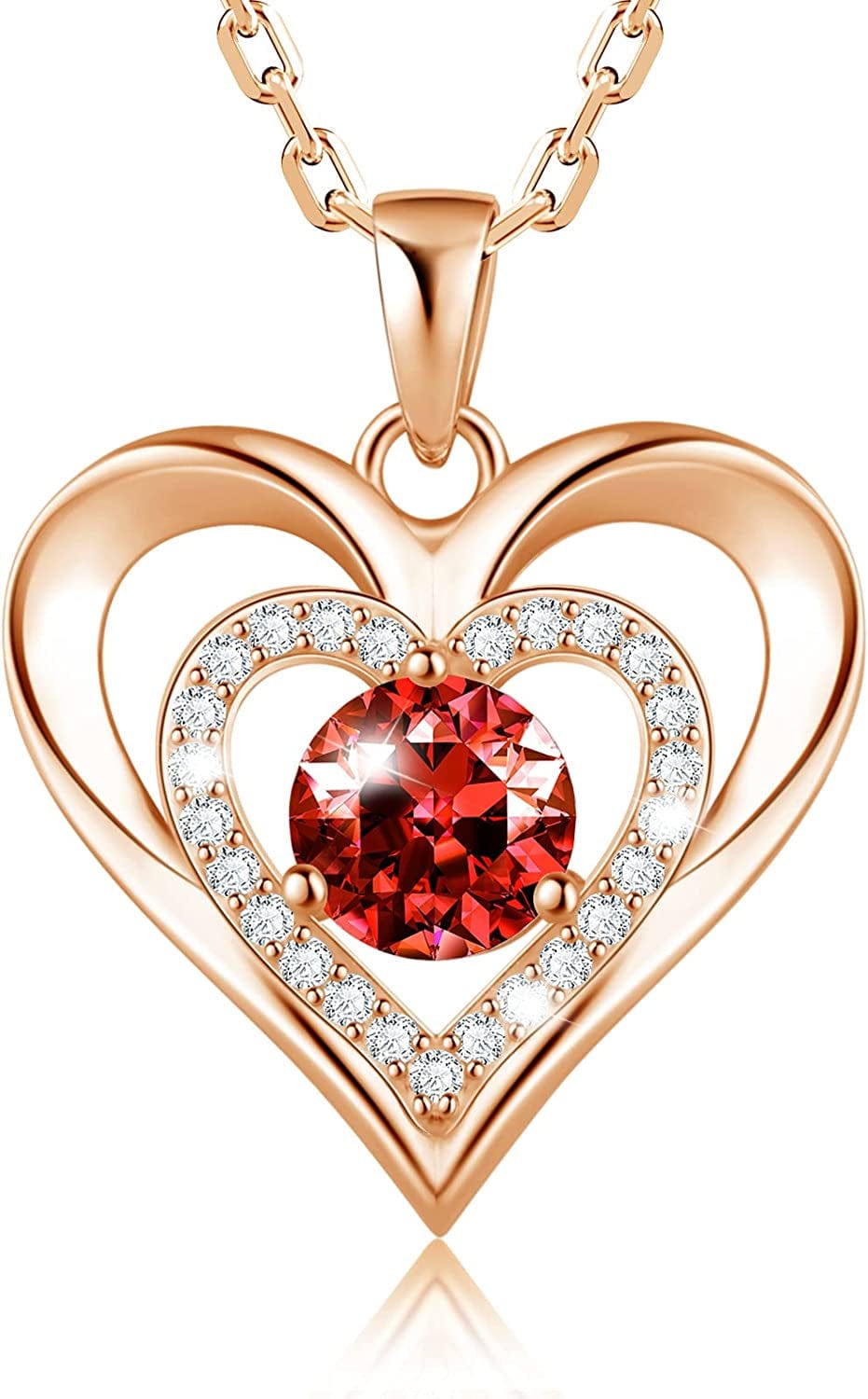 925 Sterling Silver Large Heart Necklace with 5A Birthstone Zirconia 18K Rose Gold Plated Love Birthstone Necklaces Jewelry Valentines Day Mothers Day Birthday Gifts for Mom Her Women Girls Wife Girlfriend, Chain Length 17.7"+2" Extender Rose Gold-01 Jan-Garnet