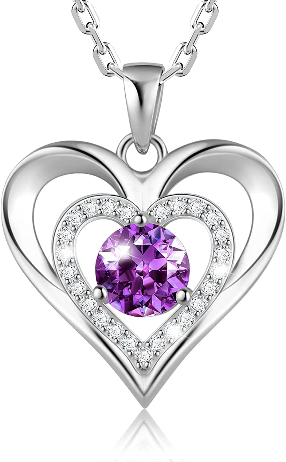 925 Sterling Silver Large Heart Necklace with 5A Birthstone Zirconia 18K Rose Gold Plated Love Birthstone Necklaces Jewelry Valentines Day Mothers Day Birthday Gifts for Mom Her Women Girls Wife Girlfriend, Chain Length 17.7"+2" Extender Silver-02 Feb-Amethyst