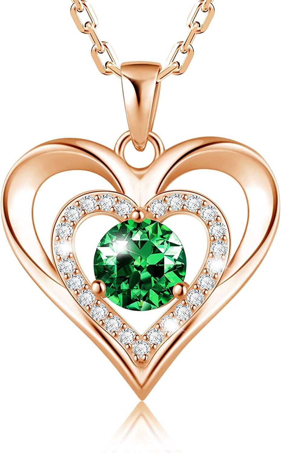 925 Sterling Silver Large Heart Necklace with 5A Birthstone Zirconia 18K Rose Gold Plated Love Birthstone Necklaces Jewelry Valentines Day Mothers Day Birthday Gifts for Mom Her Women Girls Wife Girlfriend, Chain Length 17.7"+2" Extender Rose Gold-05 May-Emerald
