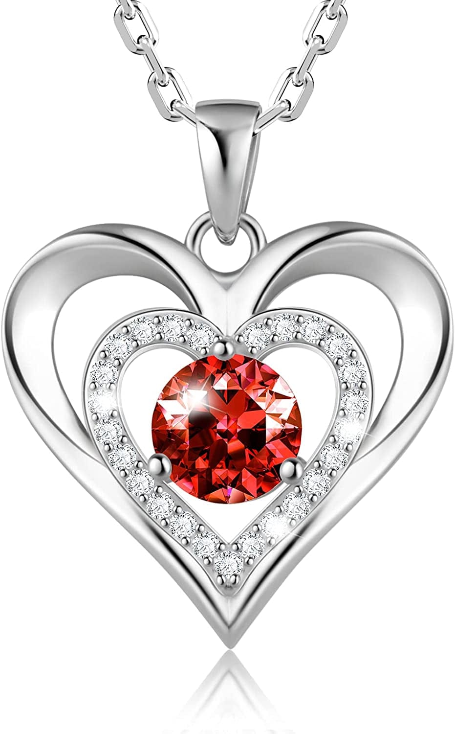925 Sterling Silver Large Heart Necklace with 5A Birthstone Zirconia 18K Rose Gold Plated Love Birthstone Necklaces Jewelry Valentines Day Mothers Day Birthday Gifts for Mom Her Women Girls Wife Girlfriend, Chain Length 17.7"+2" Extender Silver-01 Jan-Garnet